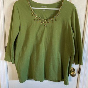 Olive green top 3/4 sleeves, yellow and bronze embellishments, size large